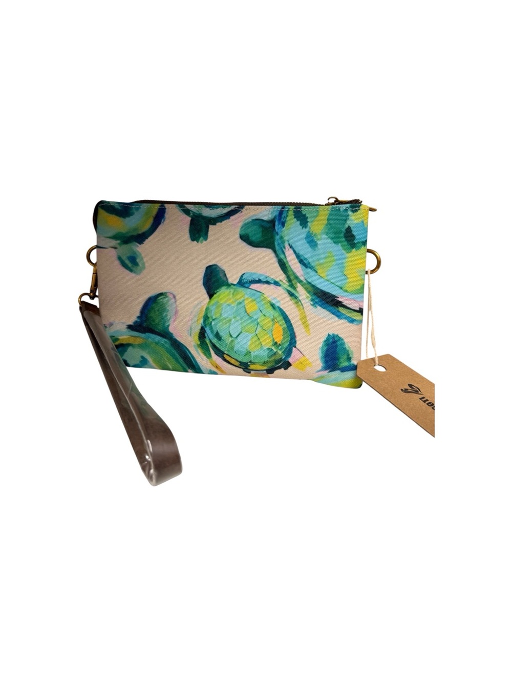 Sea Turtle Crossbody Wristlet Clutch in Teal Blue Green Canvas Multi Pocket NWT - Picture 8 of 10